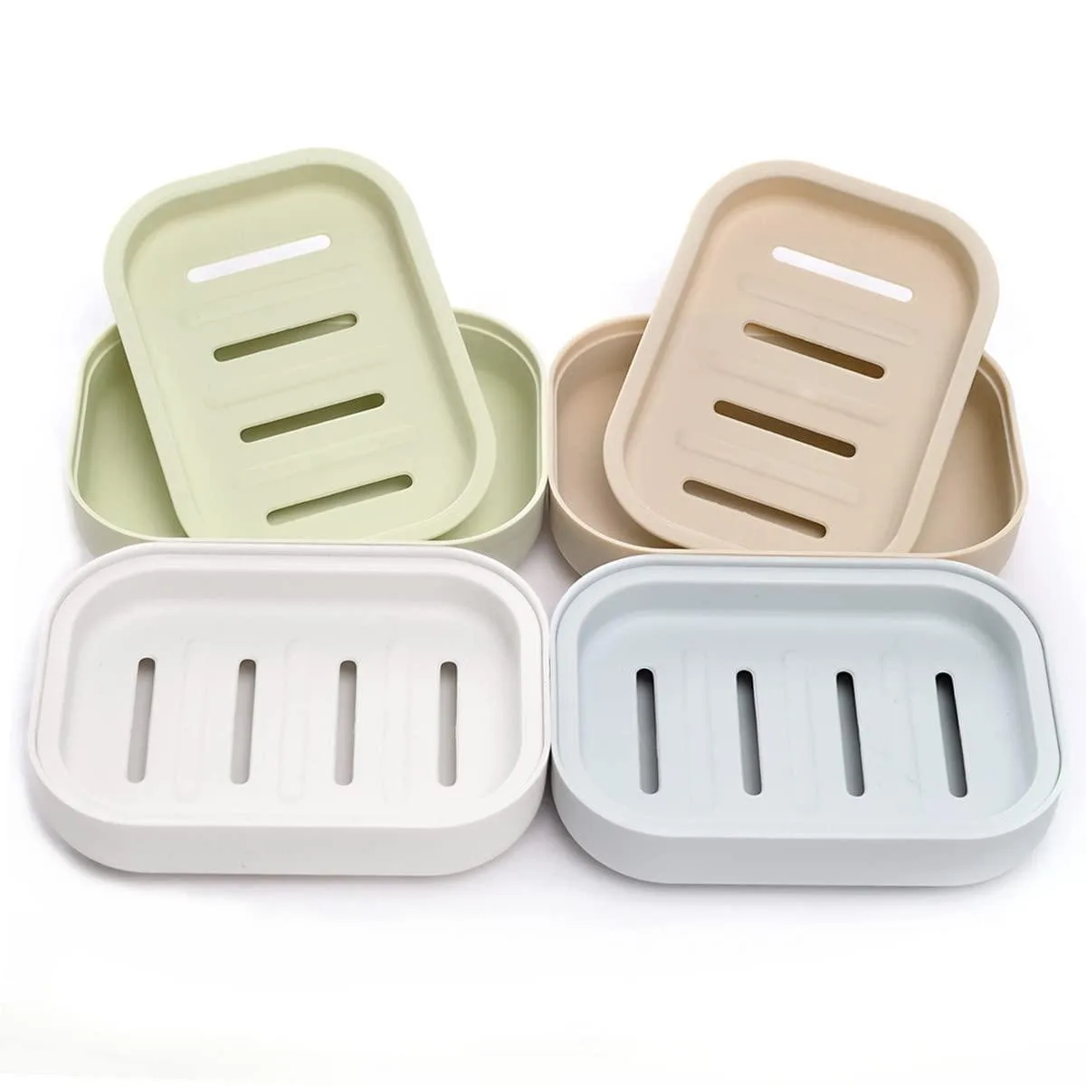 Four plastic soap dishes in milky white, gray blue, khaki and light green, double-layer draining design