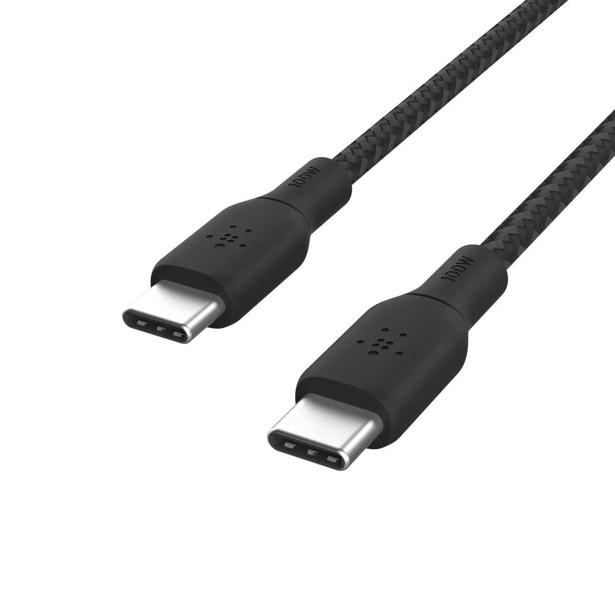 Black braided USB-C to USB-C cable, 6.6 ft, anodized aluminium ends