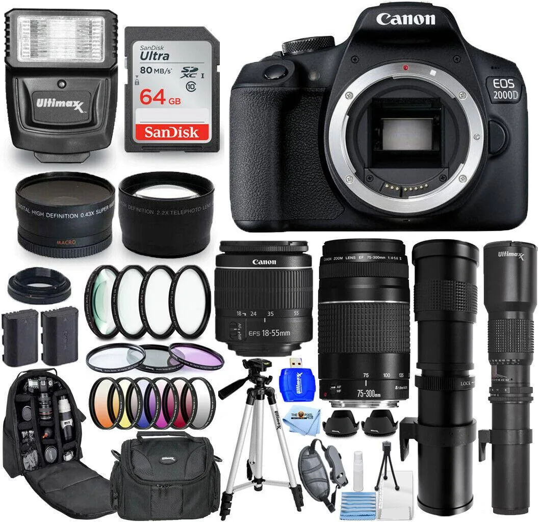 Canon International Canon International EOS 2000D Rebel T7 DSLR Camera 18-55mm 75-300mm 500mm 420-800mm Lens Bundle — product photo