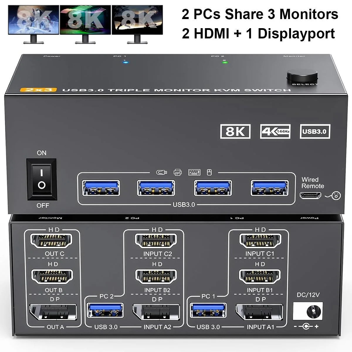 WRIARICH WRIARICH KC-KVM203HHD Triple Monitor KVM Switch 2 HDMI 1 DP 8K60 4K144 USB 3.0 Wired Remote — product photo