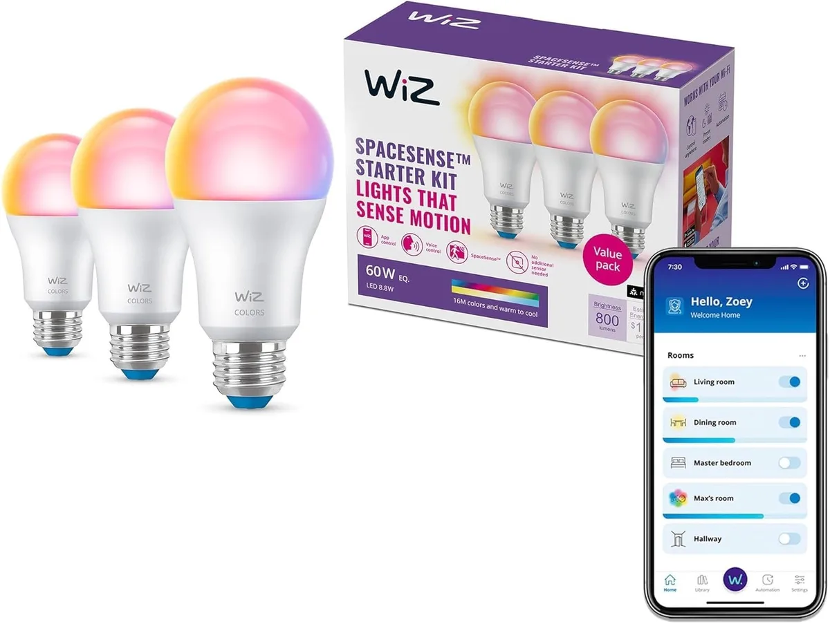 WiZ Connected A19 Smart LED Bulb 60W 800LM Matter 3 Pack — product photo