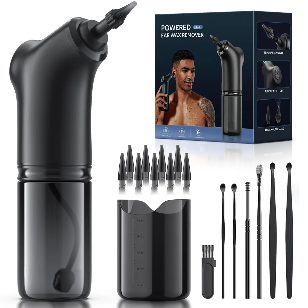 Black electric ear irrigator E30 with reservoir and catch basin
