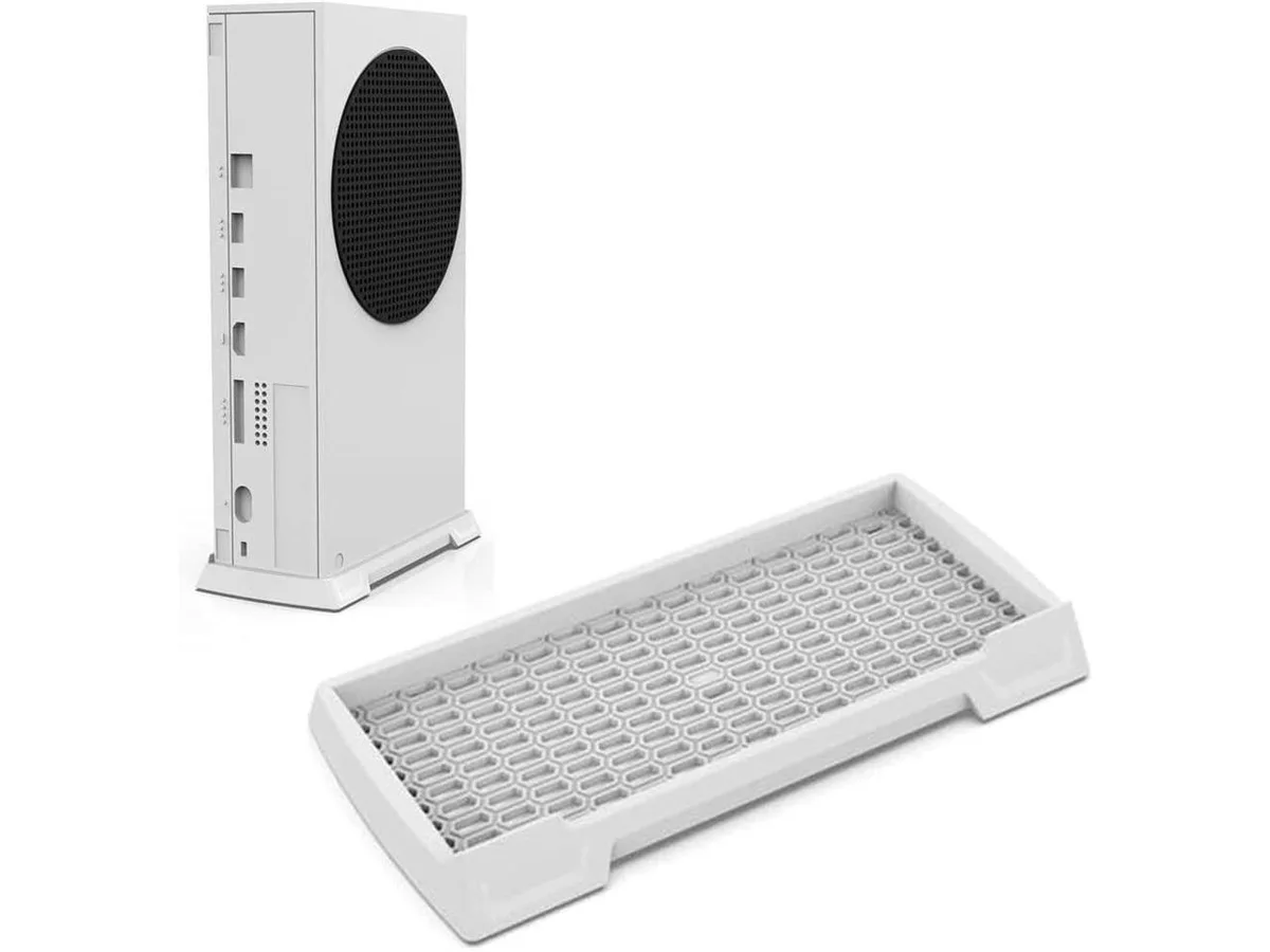 White vertical stand for Xbox Series S console, upright dock shape, matte finish