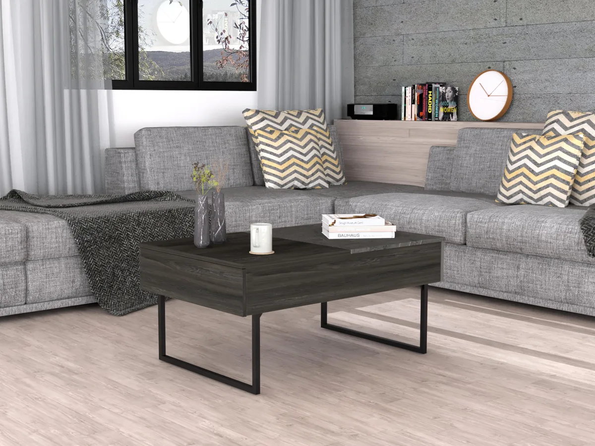 Rectangular espresso onyx lift-top coffee table with metal legs and one drawer, 30 by 48 inches