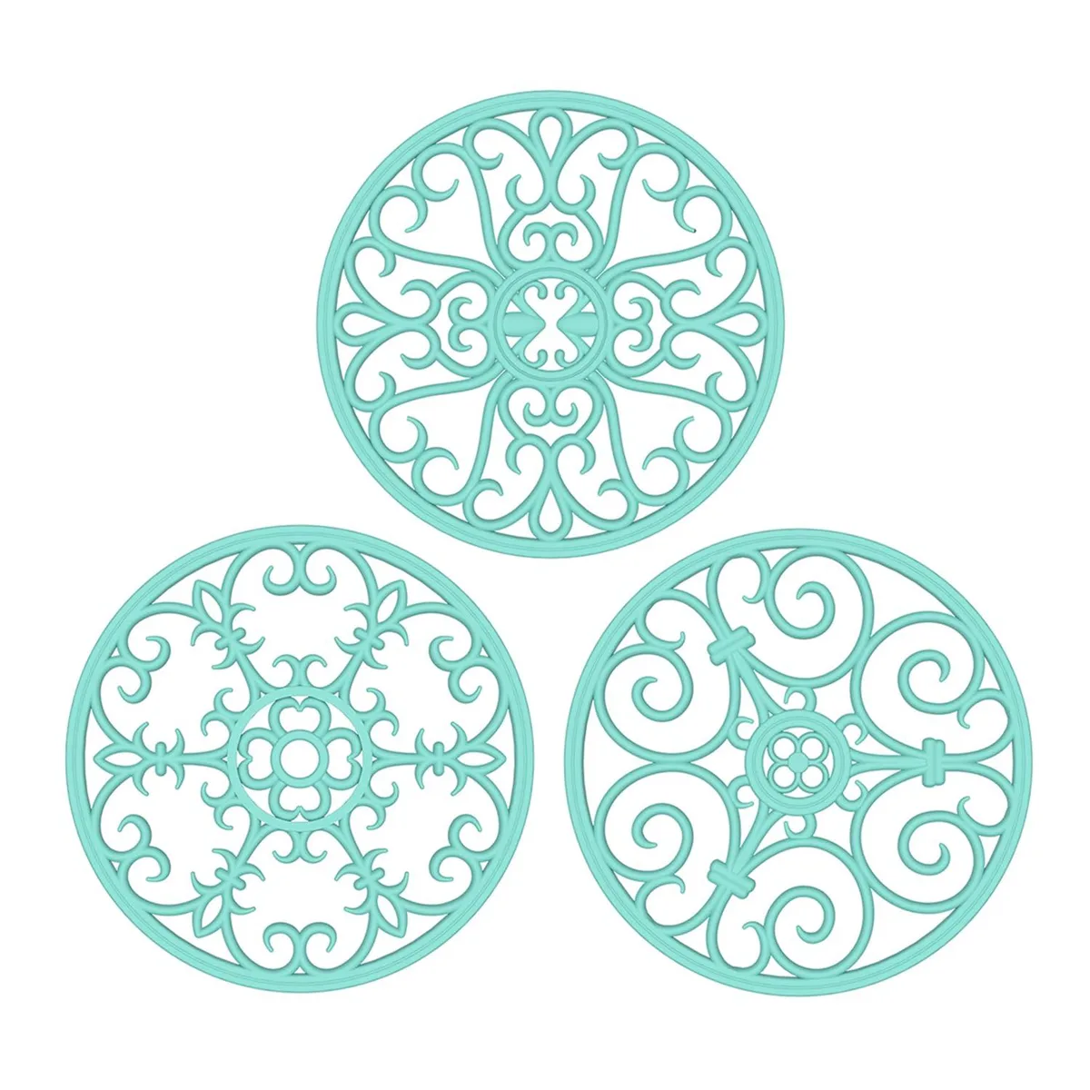 Turquoise round silicone trivet with textured pattern, 7 3/4 inches diameter