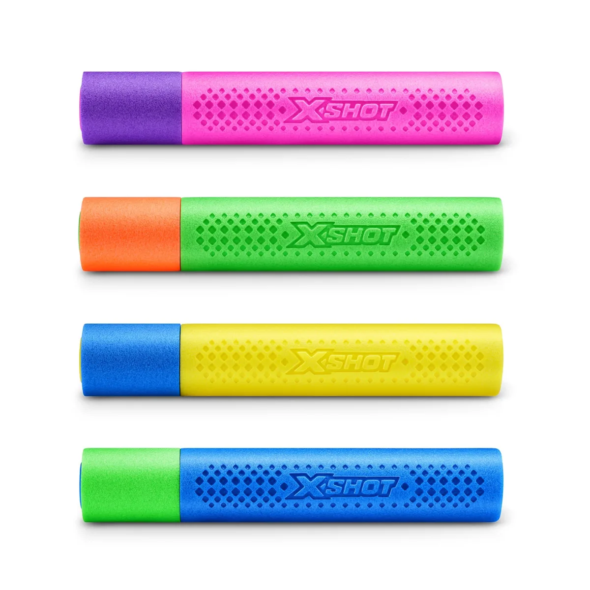 Four colourful foam water blasters, tube-shaped, soft plastic finish
