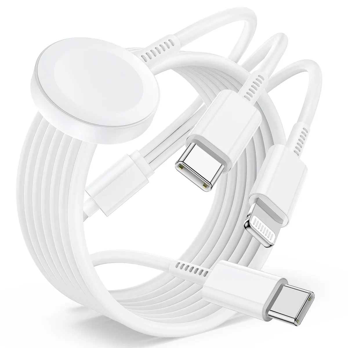 White 3.3ft cable with Lightning USB-C and magnetic watch connectors