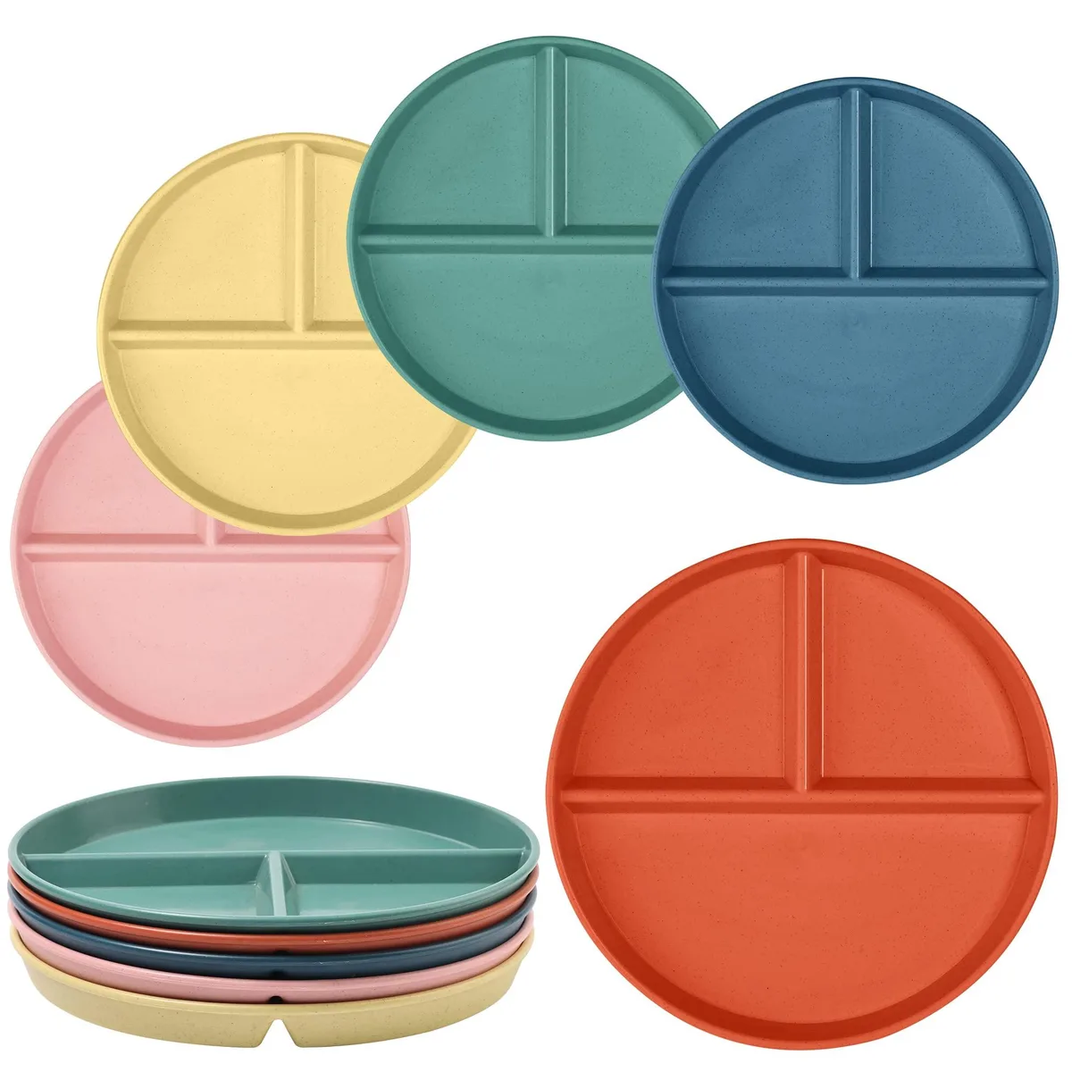 Thirty white rectangular plates with three compartments in pink orange dark green dark blue yellow rims