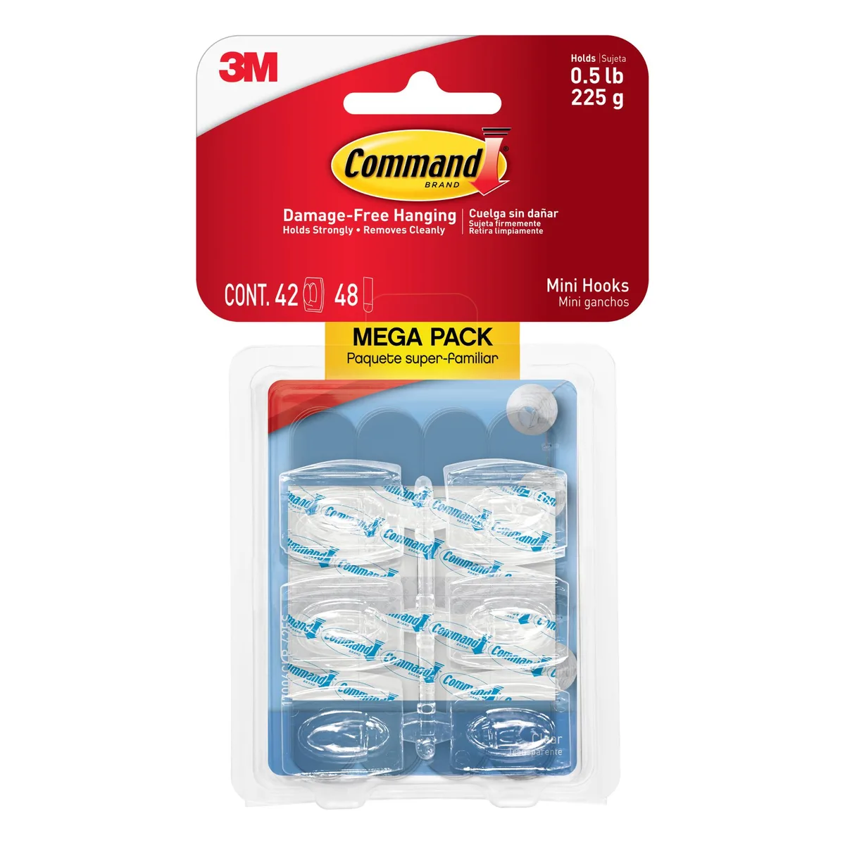 Clear plastic mini hooks with transparent adhesive strips, 42 per pack, two packs shown