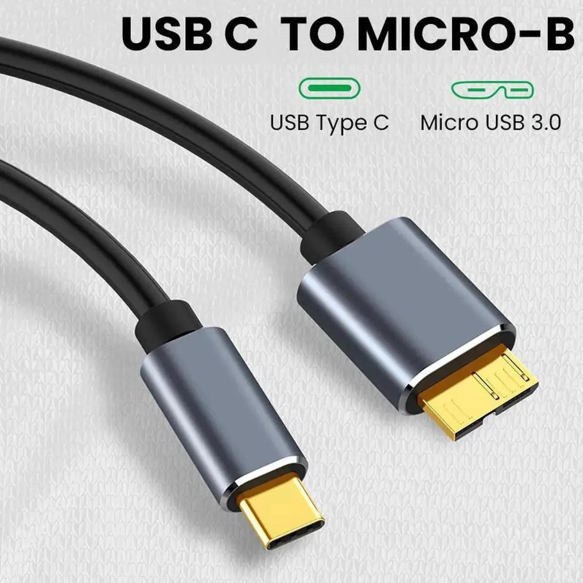 Blue USB-C to Micro-B 3.0 cable, 3.3ft, gold connectors, braided sleeve