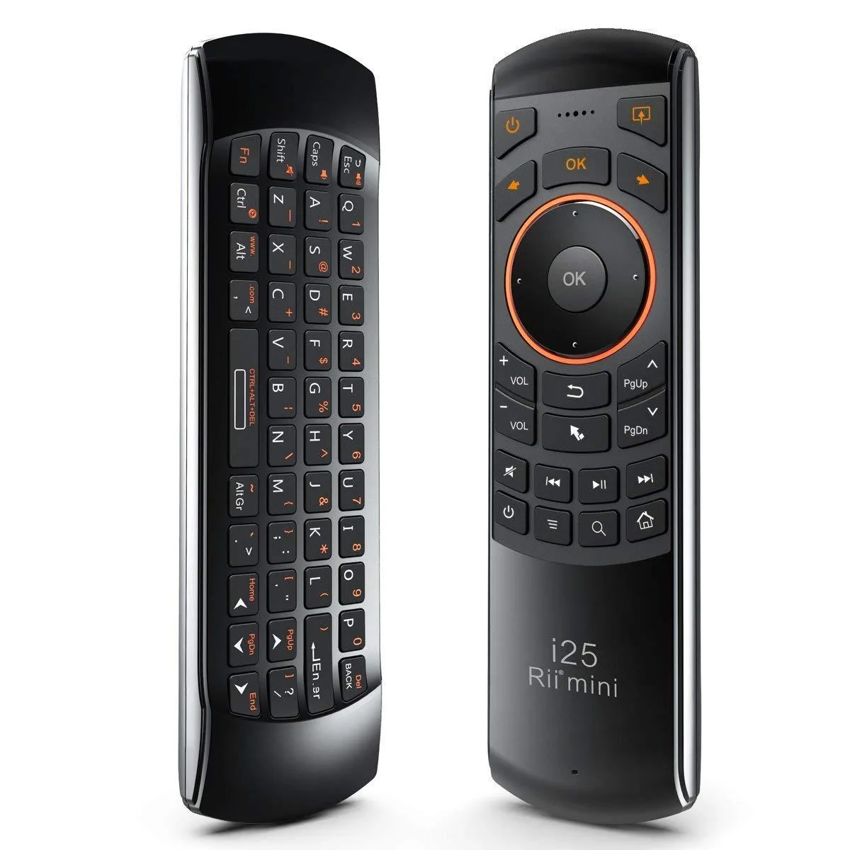 Compact black QWERTY keyboard with built-in fly mouse and IR remote