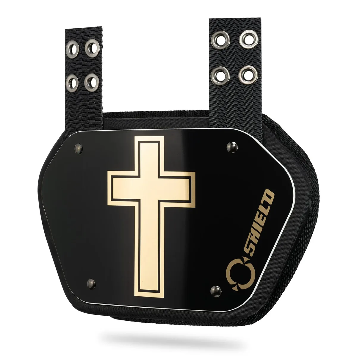 Gold chrome football back plate with contoured foam padding and attachment hardware