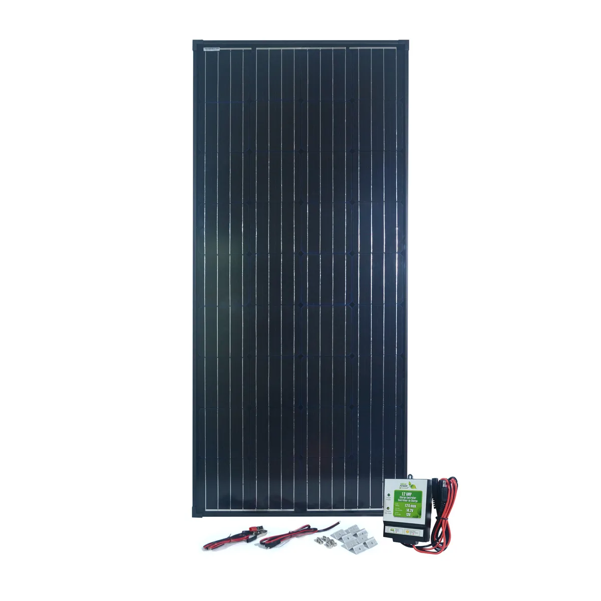 Blue rectangular monocrystalline solar panel with silver aluminum frame and tempered glass surface, includes 12A charge controller