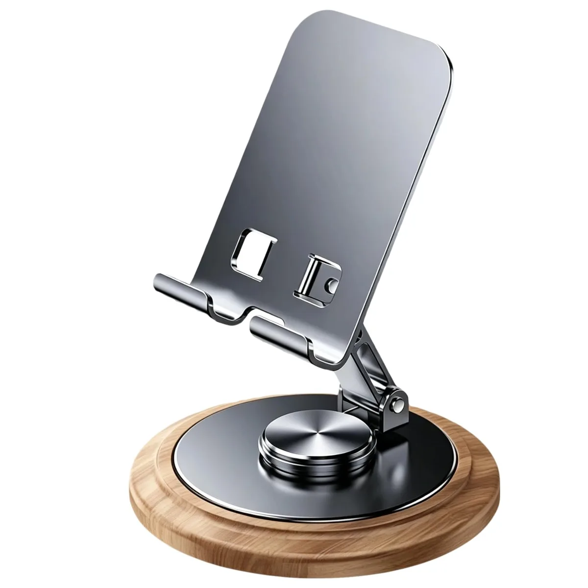 Black foldable metal phone stand with 360 rotating base and silicone pads