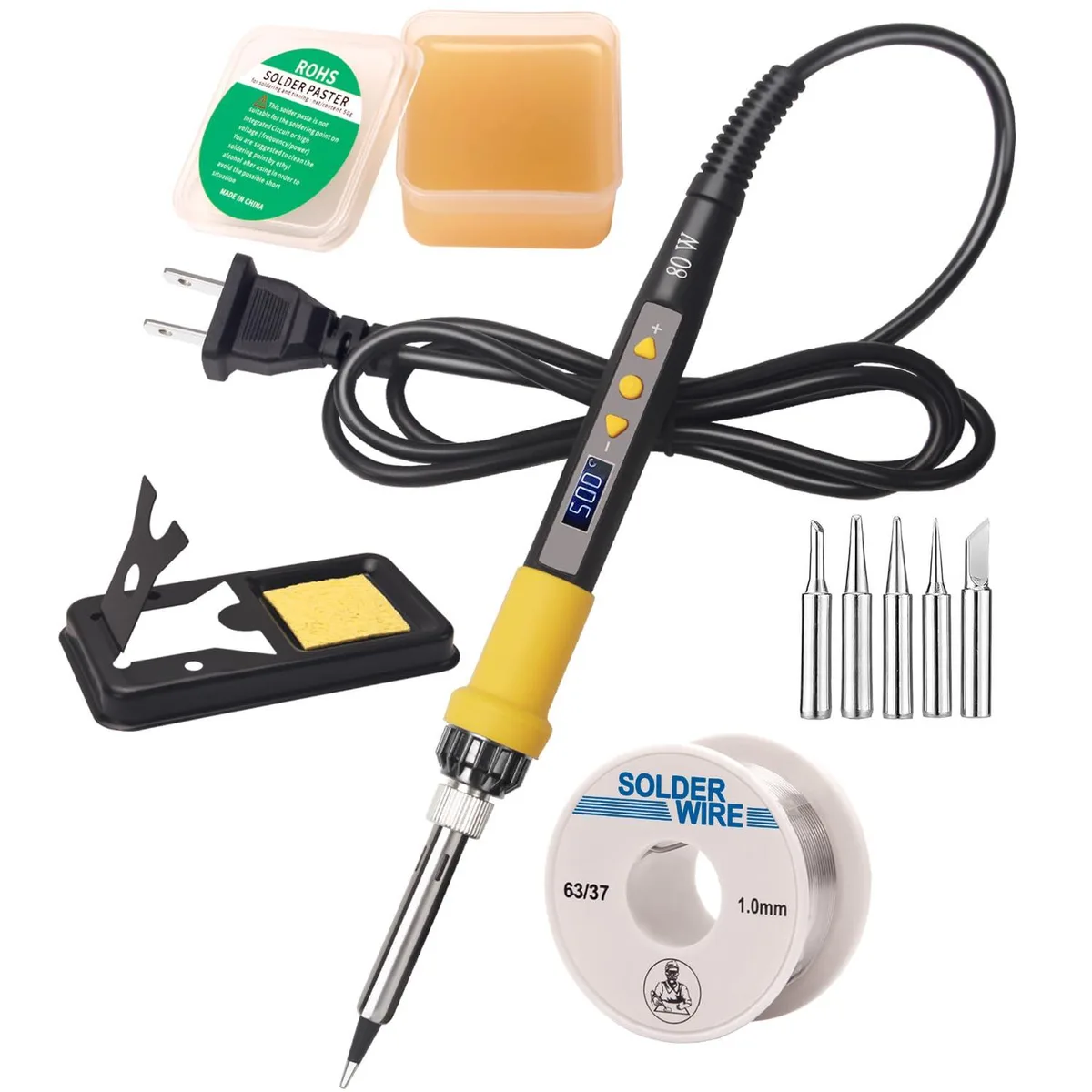 Silver pencil soldering iron with LCD screen, black stand, sponge, wire spool and flux paste