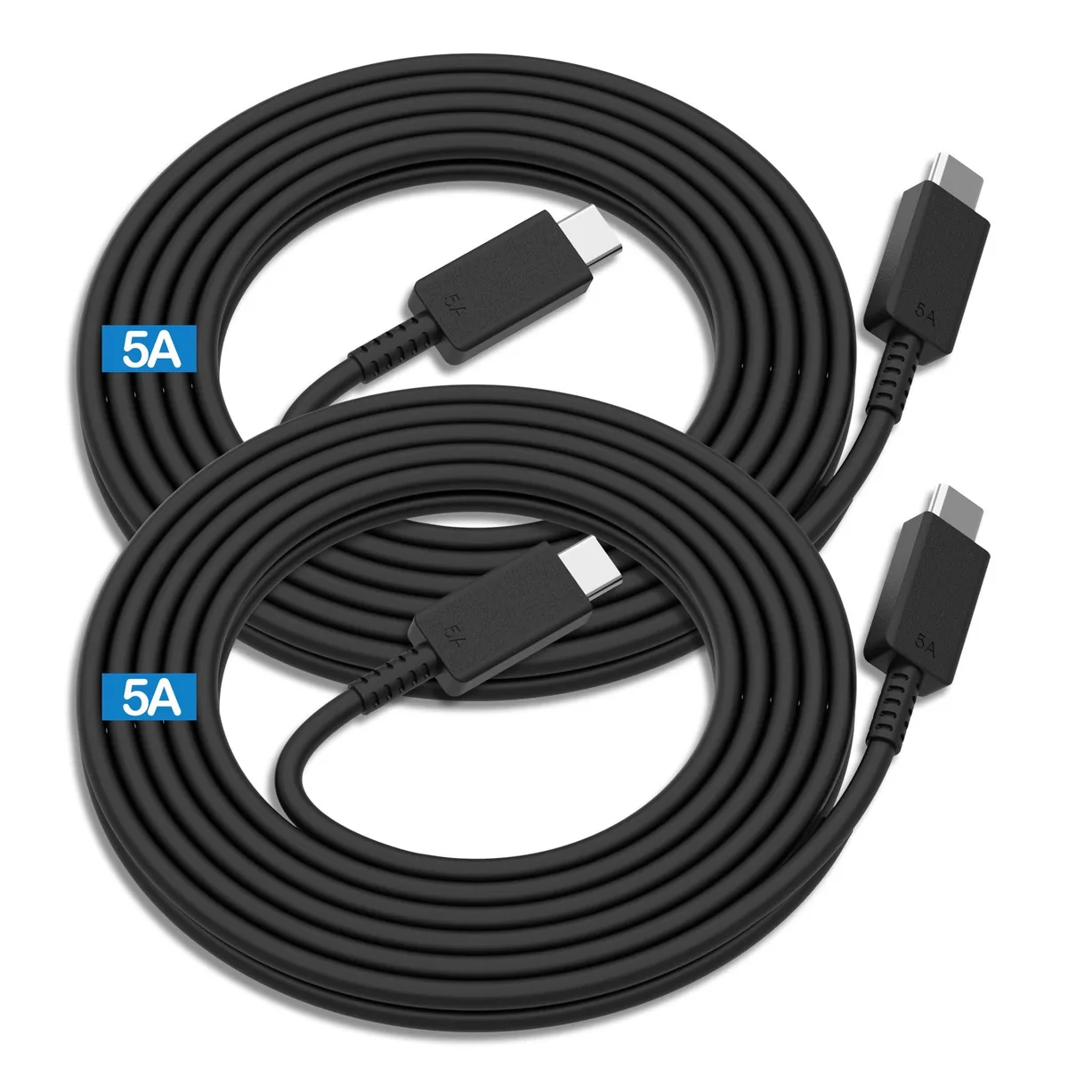 Two black USB-C to USB-C cables coiled together, six feet long
