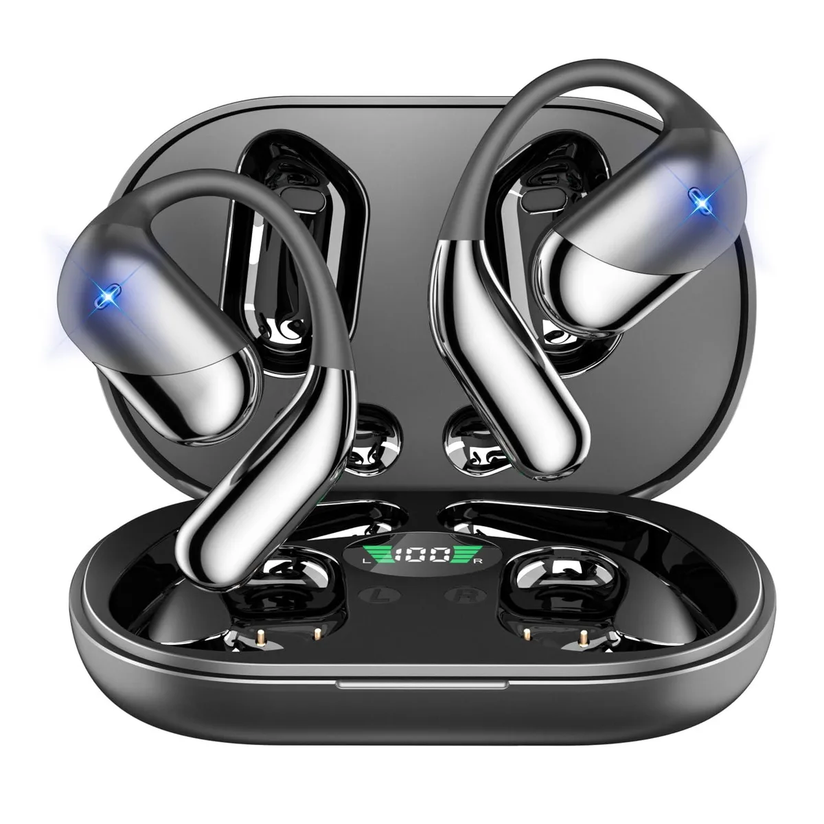 Black open-ear clip headphones with charging case