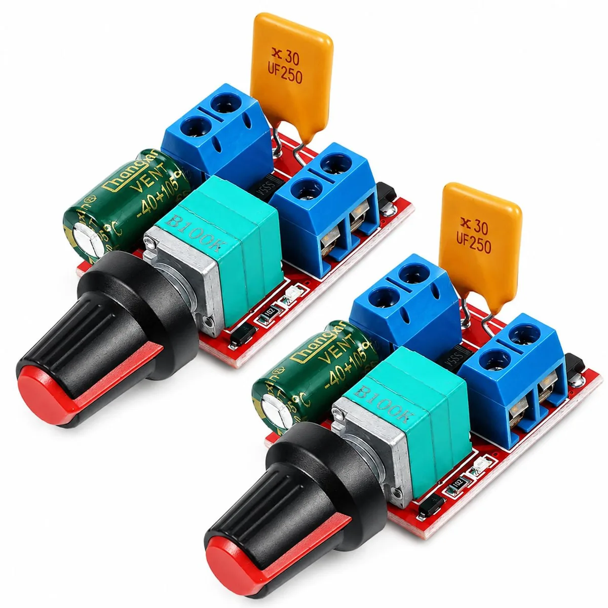 Two small rectangular PWM speed controllers with knobs, red blue black, compact 1.7 by 9.7 by 14.4 cm