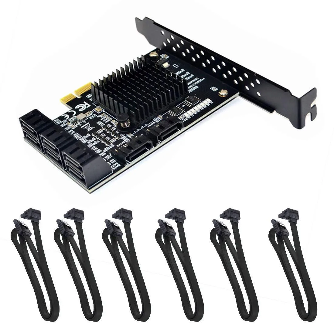 Vszerda Vszerda 8 Port SATA 3.0 PCIe Card 6 Cables 90 ° Black Low Profile Bracket Heatsink Marvell 88SE9215 — product photo