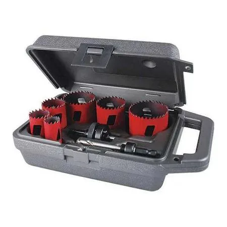 Eight-piece Morse bimetal hole saw kit in a carrying case with two arbors