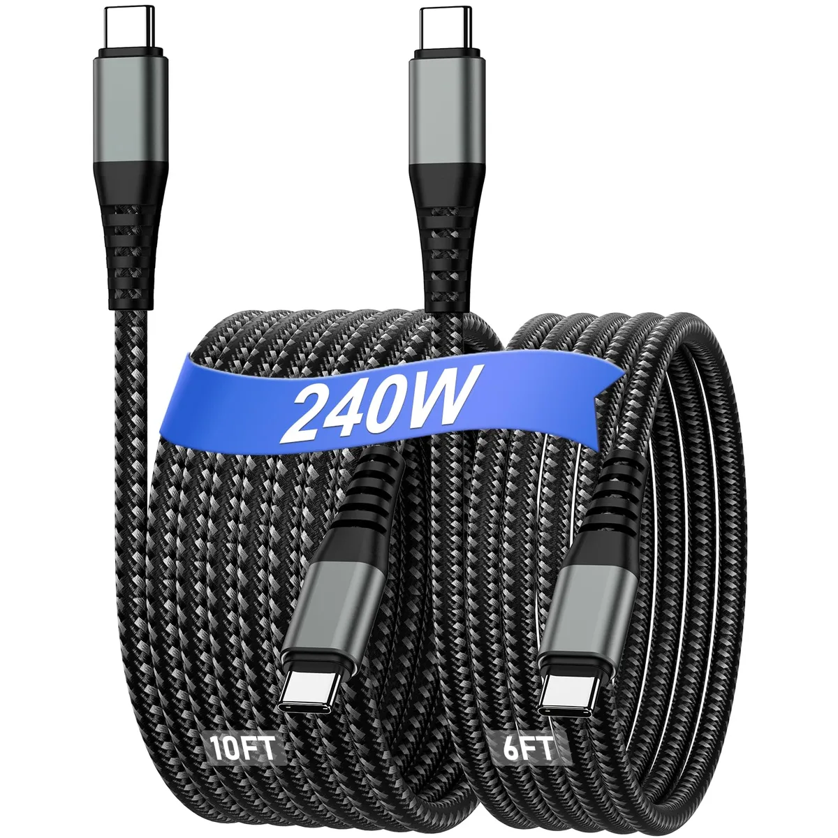 Two black braided USB-C cables, six and ten feet long