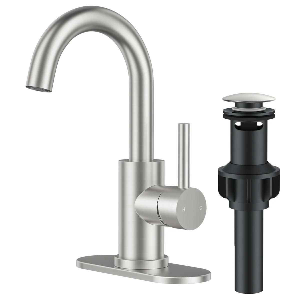 Black single-hole bathroom faucet with tall gooseneck spout, single lever handle, pop-up drain and two hoses