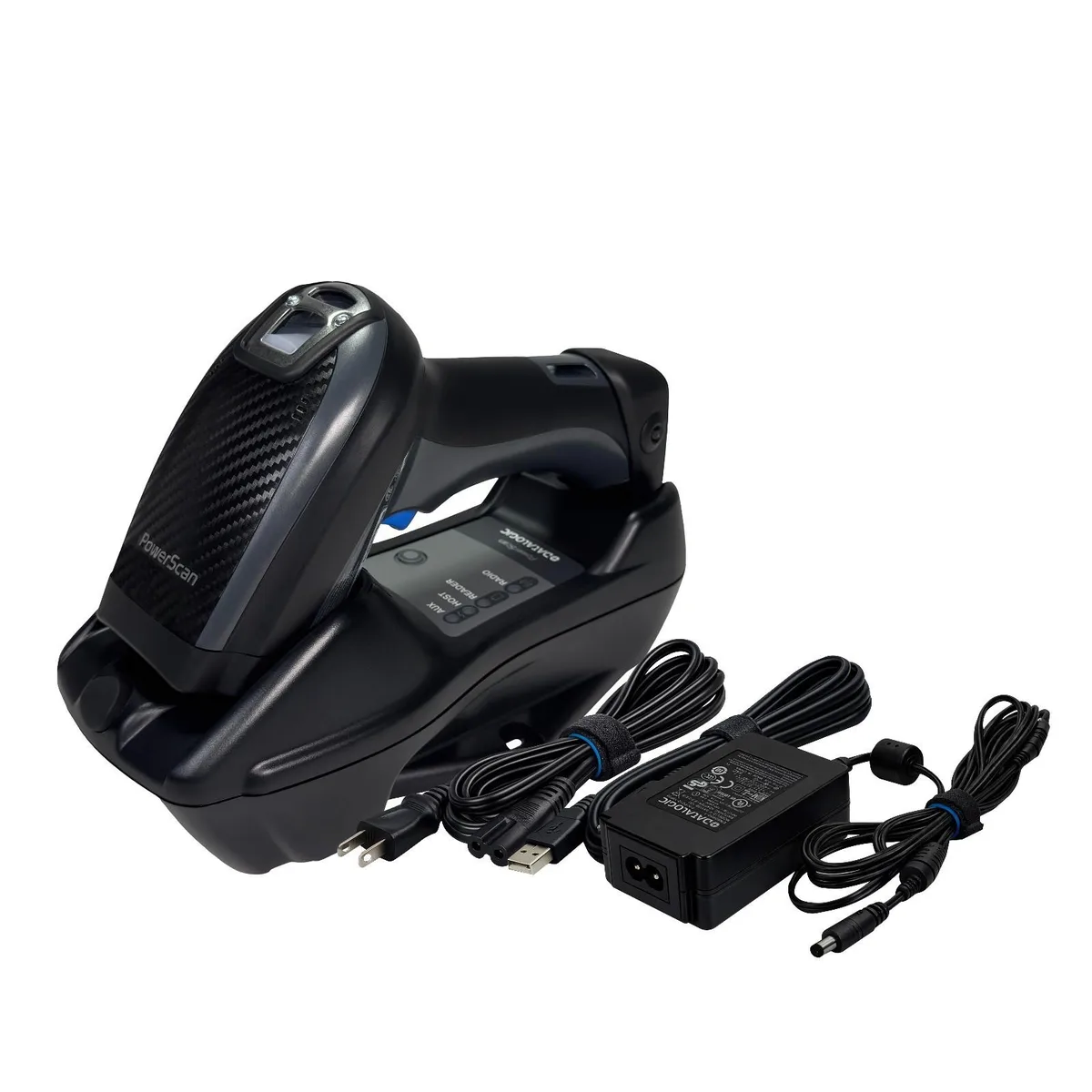 Black industrial handheld barcode scanner with pistol grip and matching charging cradle
