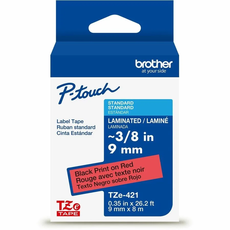 Red label cassette with black text on white tape