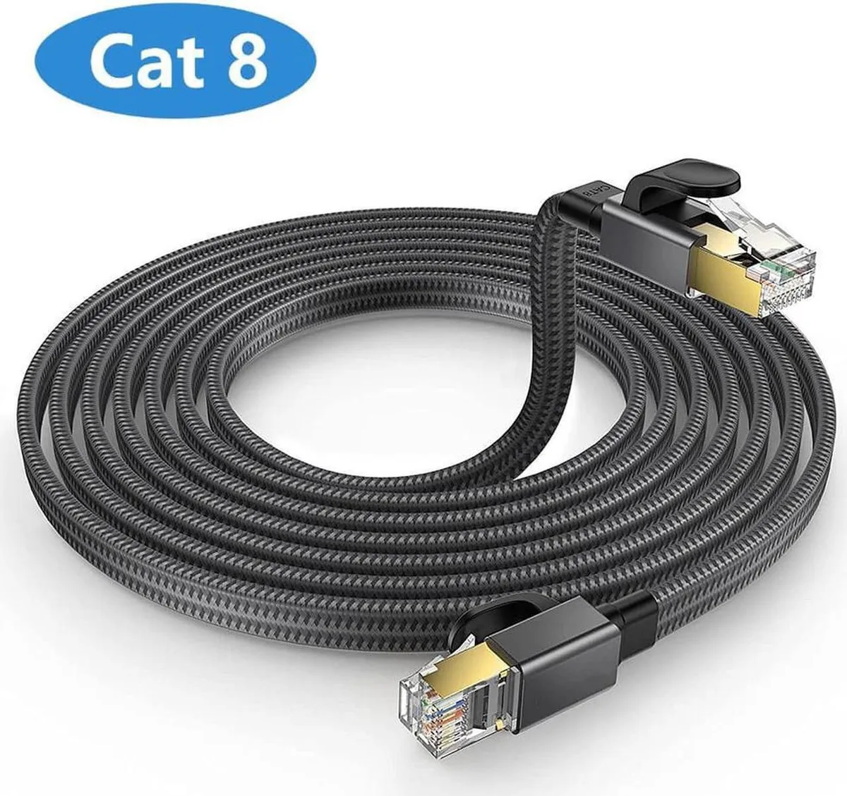 Aomoproing Aomoproing Cat 8 Flat Braided Ethernet Cable 33 ft 26AWG 40Gbps 2000MHz — product photo