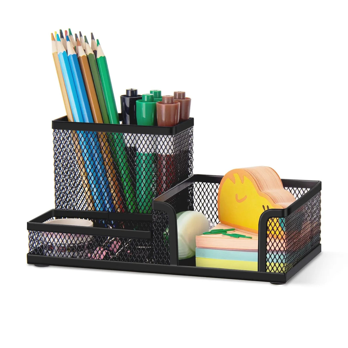 Black metal mesh pen holder with three compartments, lacquered finish, rounded edges, four anti-slip feet