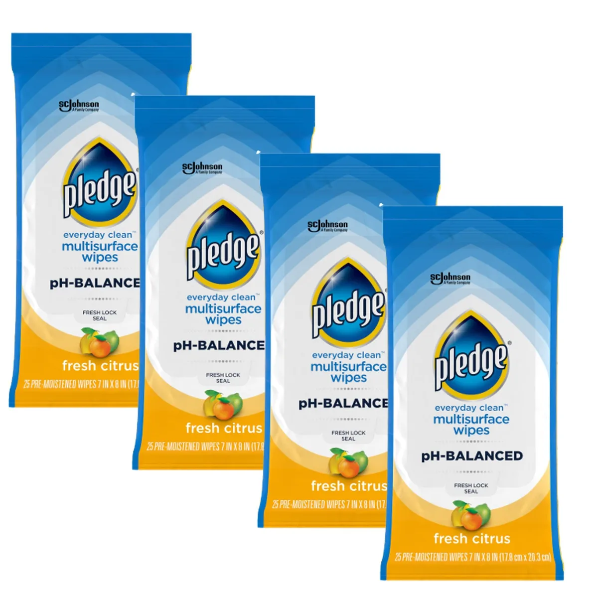 Four white rectangular packs of 25 citrus-scented cleaning wipes