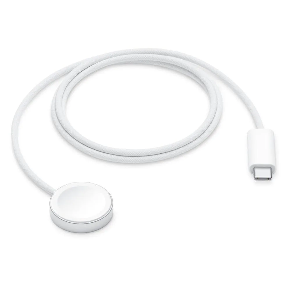 White woven USB-C cable with magnetic Apple Watch charging puck, one metre long