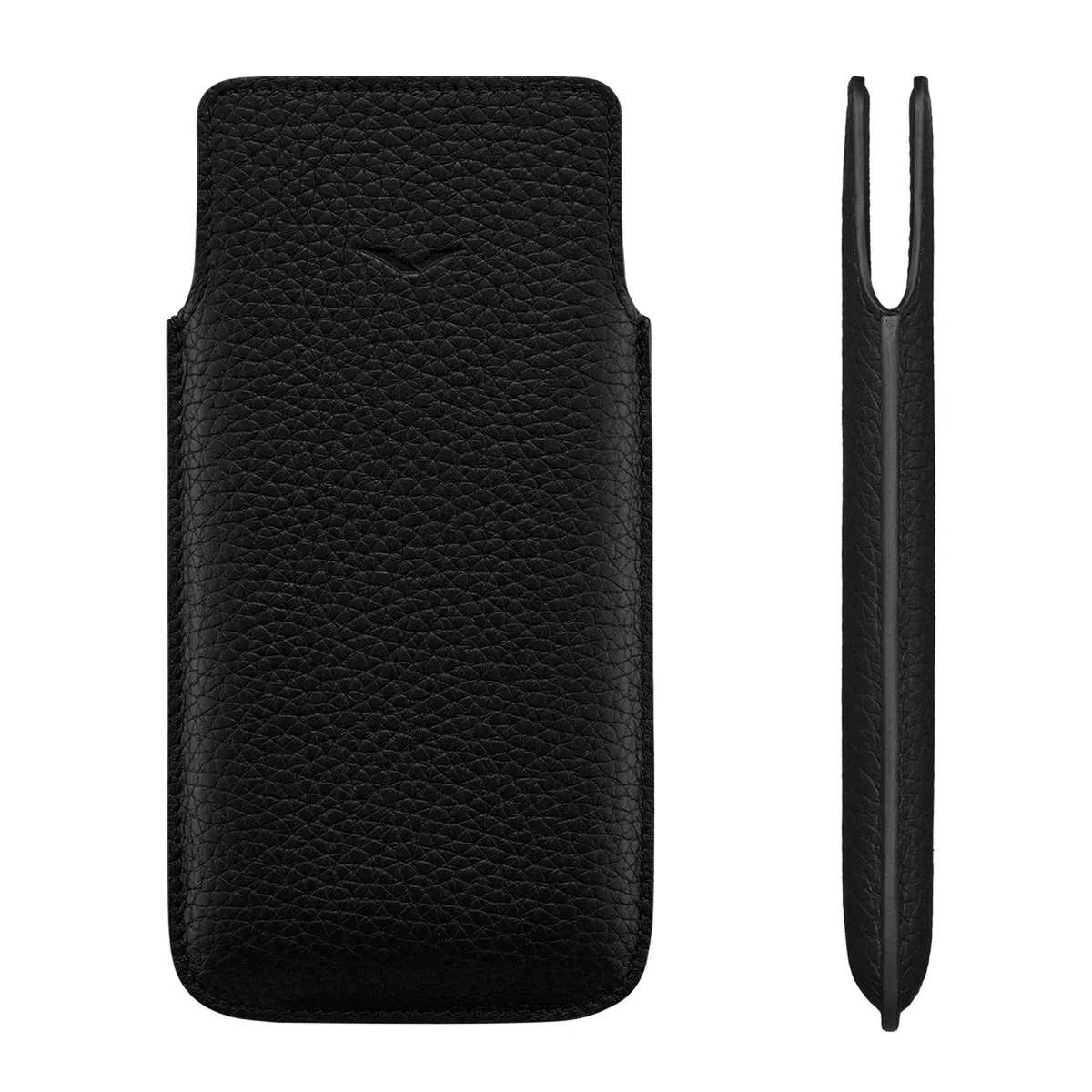 Black calf leather phone case, smooth finish, handmade slip-on style