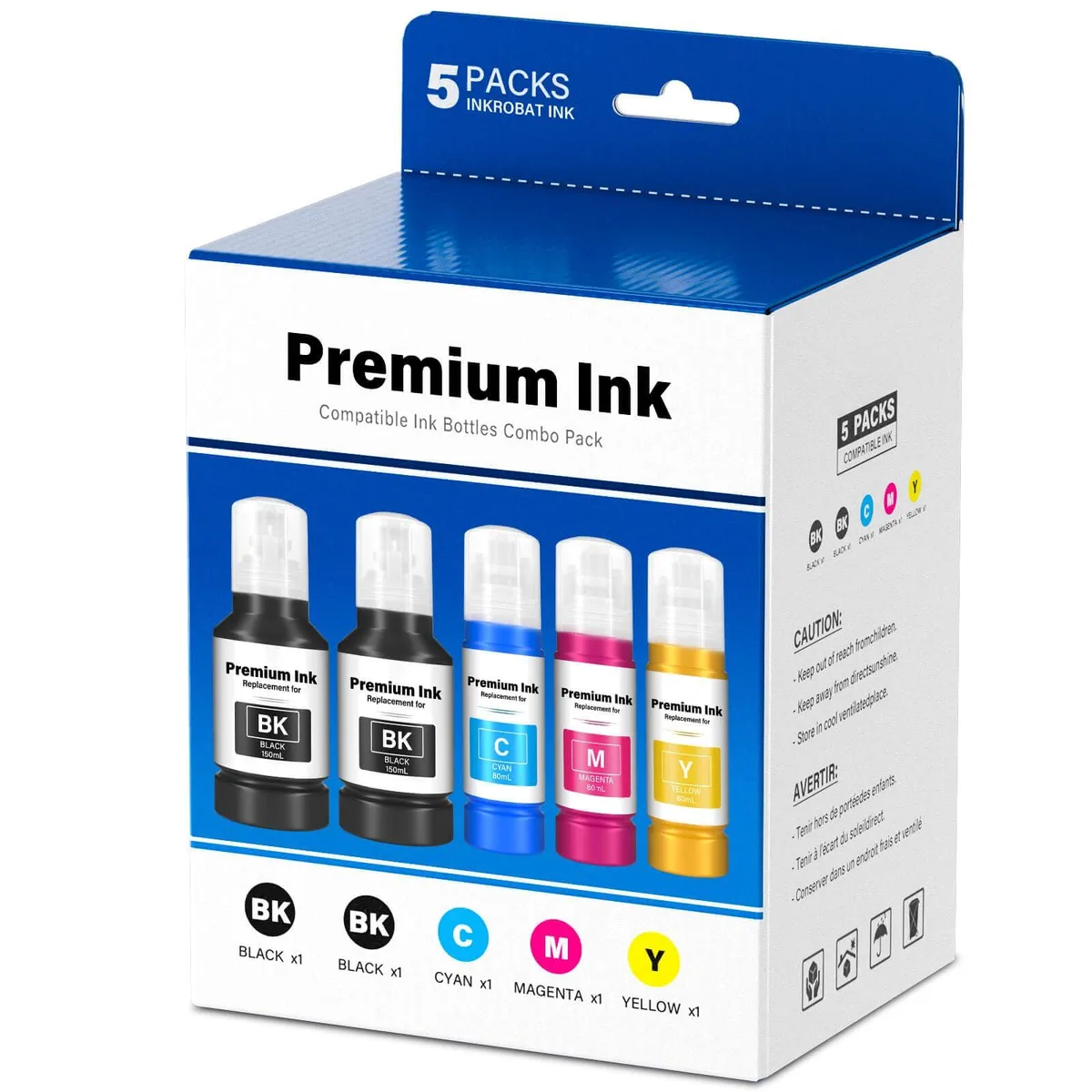 Five ink refill bottles, two large black, three smaller colour, upright on white background