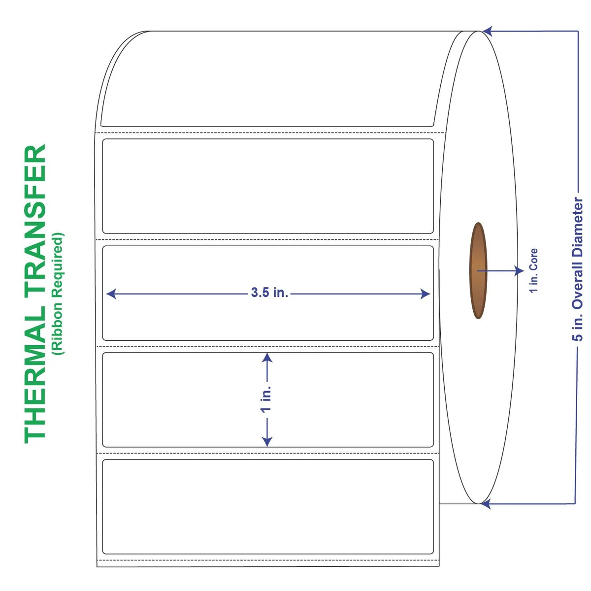 White rectangular thermal transfer label roll on a 1-inch core, perforated edges, matte paper finish
