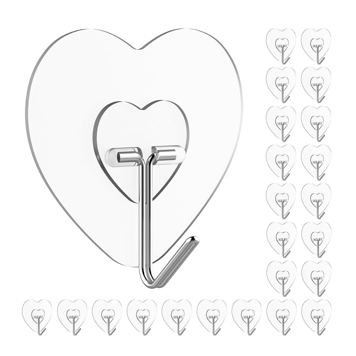 Twenty-four heart-shaped adhesive hooks in plastic and stainless steel, each 2.36 inches wide