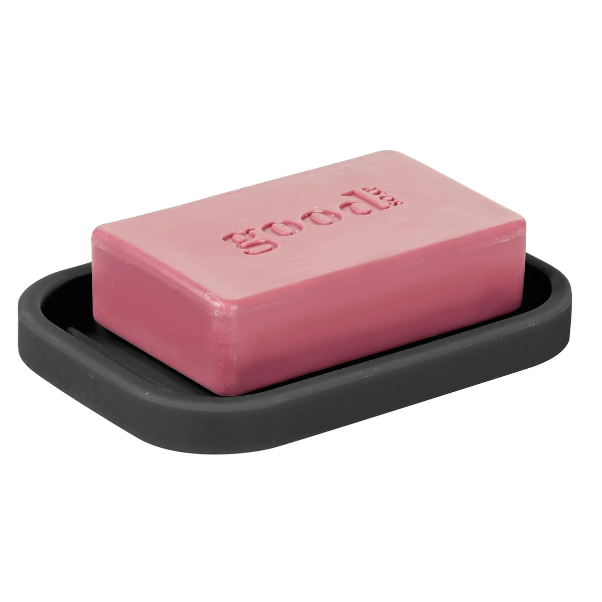 Black flexible silicone soap dish with raised ridges, rectangular 3.5 by 5 inches