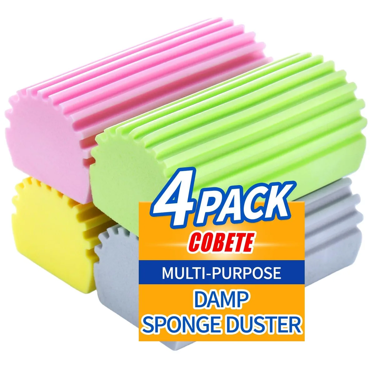 Four rectangular sponges in assorted colours, each about 4.7 by 2.36 by 1.7 inches