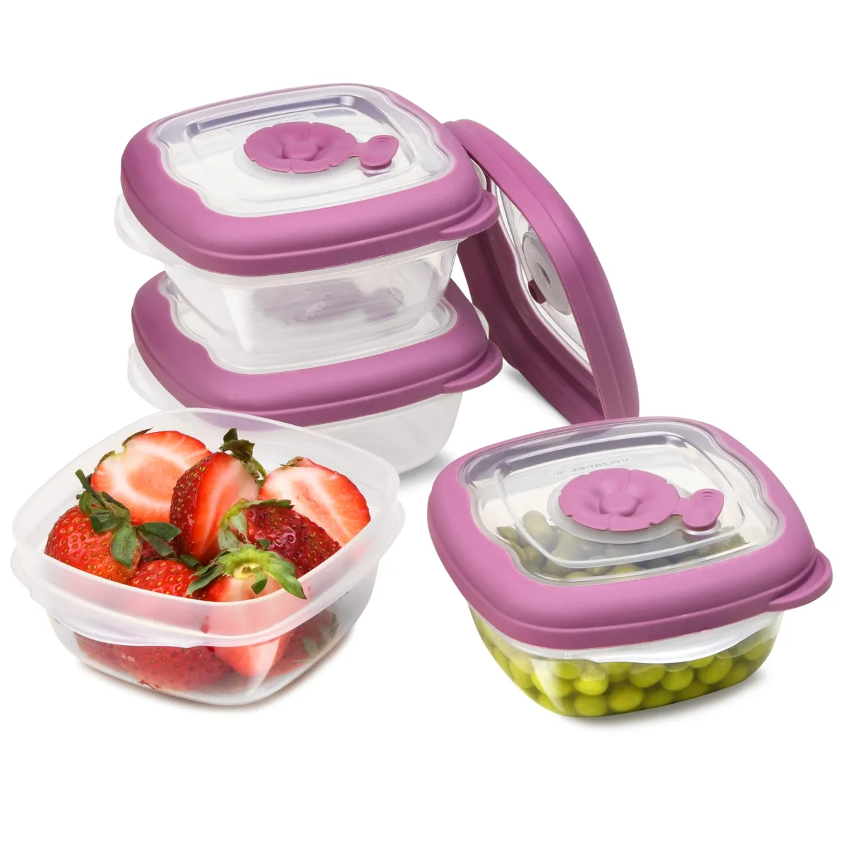 Four small red plastic containers with lids stacked together