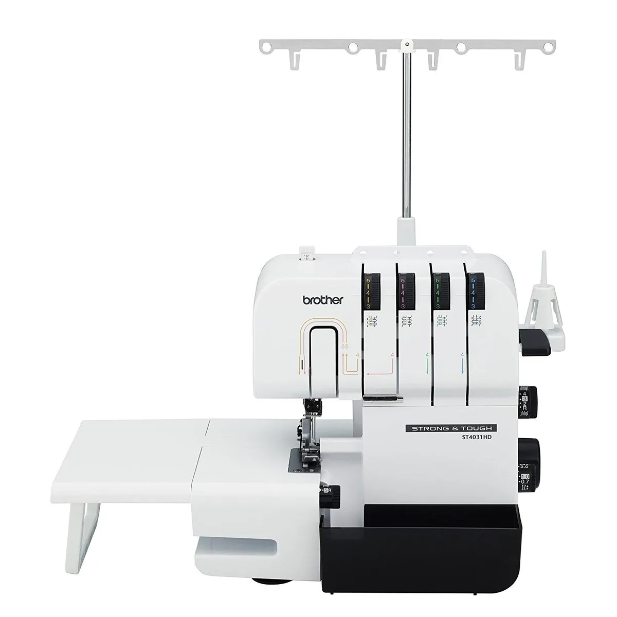 White Brother serger sewing machine, compact boxy shape, front dials and thread guides visible
