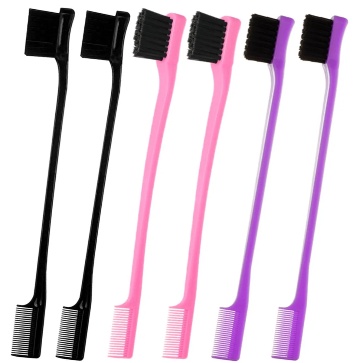 Six dual-sided edge control brushes in pink, purple, and black