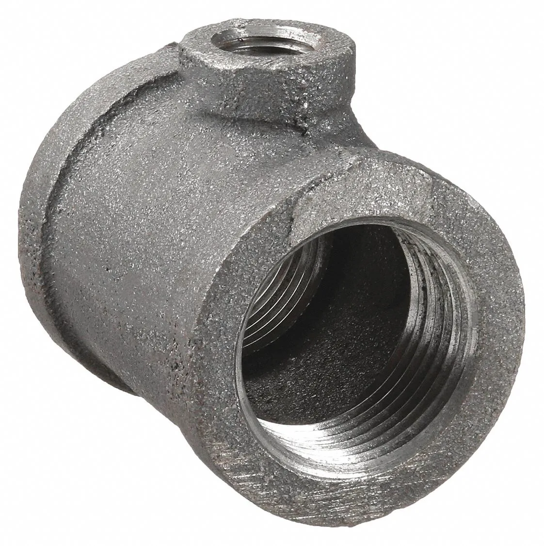 Black malleable iron reducing tee with three female NPT ports