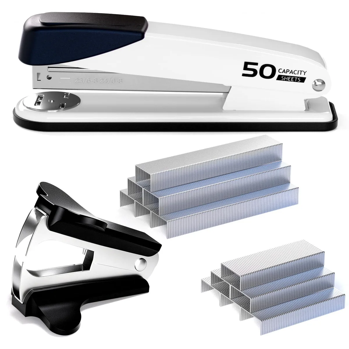 White metal stapler with plastic handle and rubber base, shown closed on a flat surface
