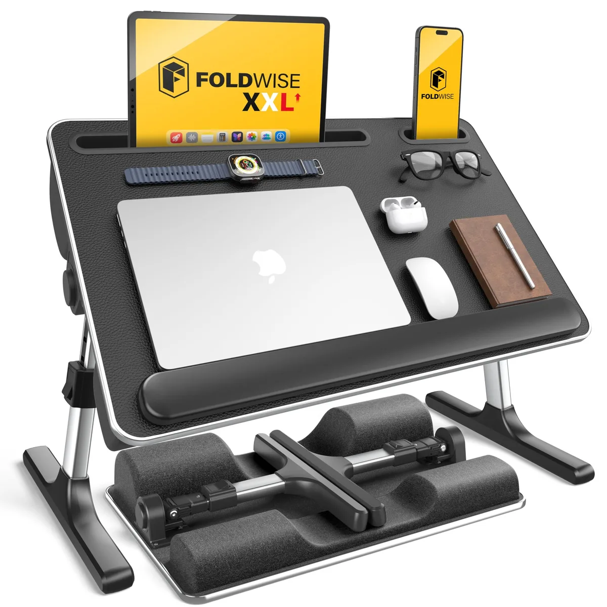 Black leather foldable lap desk with four cushions, adjustable legs and tilt