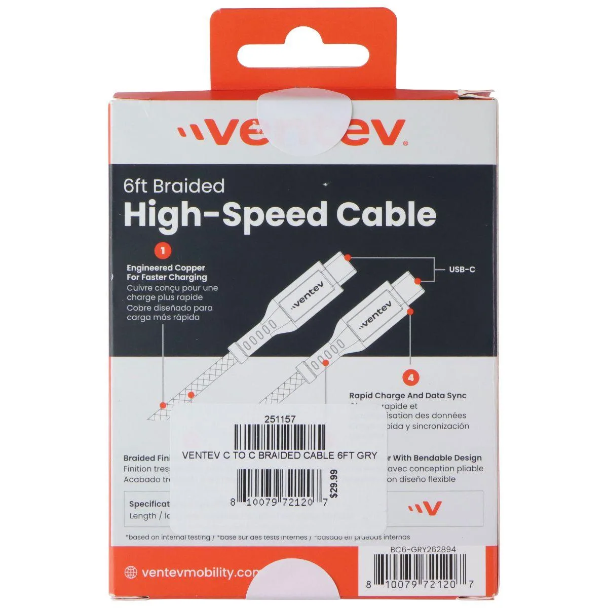 Ventev Ventev BC6-GRY262894 USB-C to USB-C Braided Cable 6 ft Gray — product photo