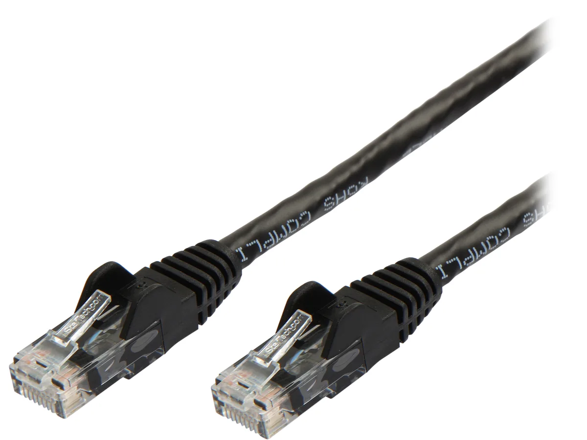 Black Cat6 Ethernet cable with snagless RJ45 connectors, 30 ft length