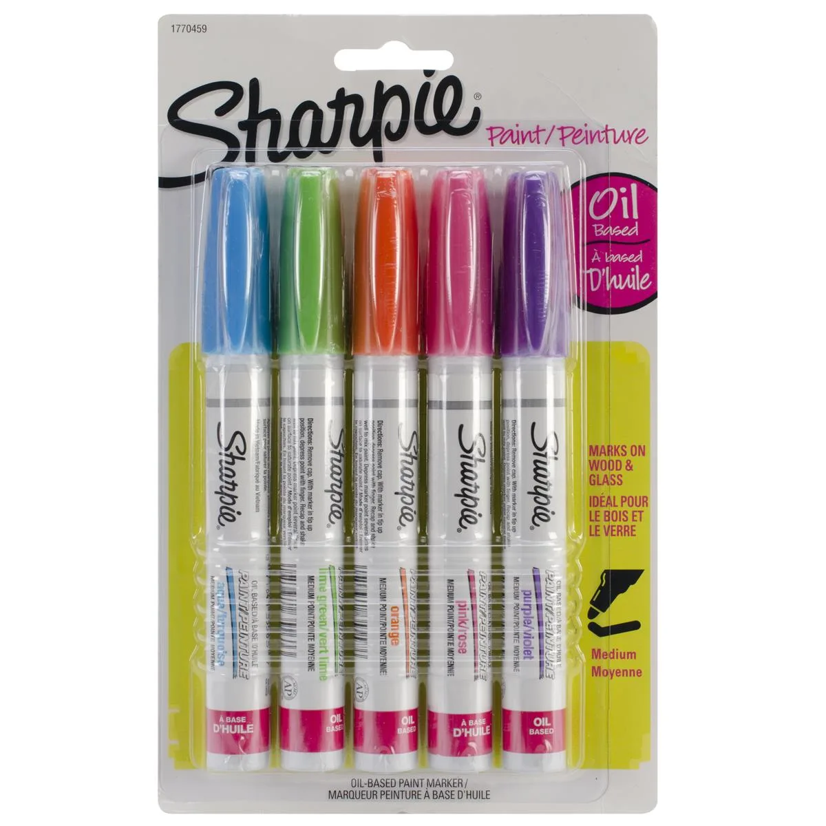 Set of five Sharpie oil-based paint markers in aqua orange lime green pink purple medium point barrels