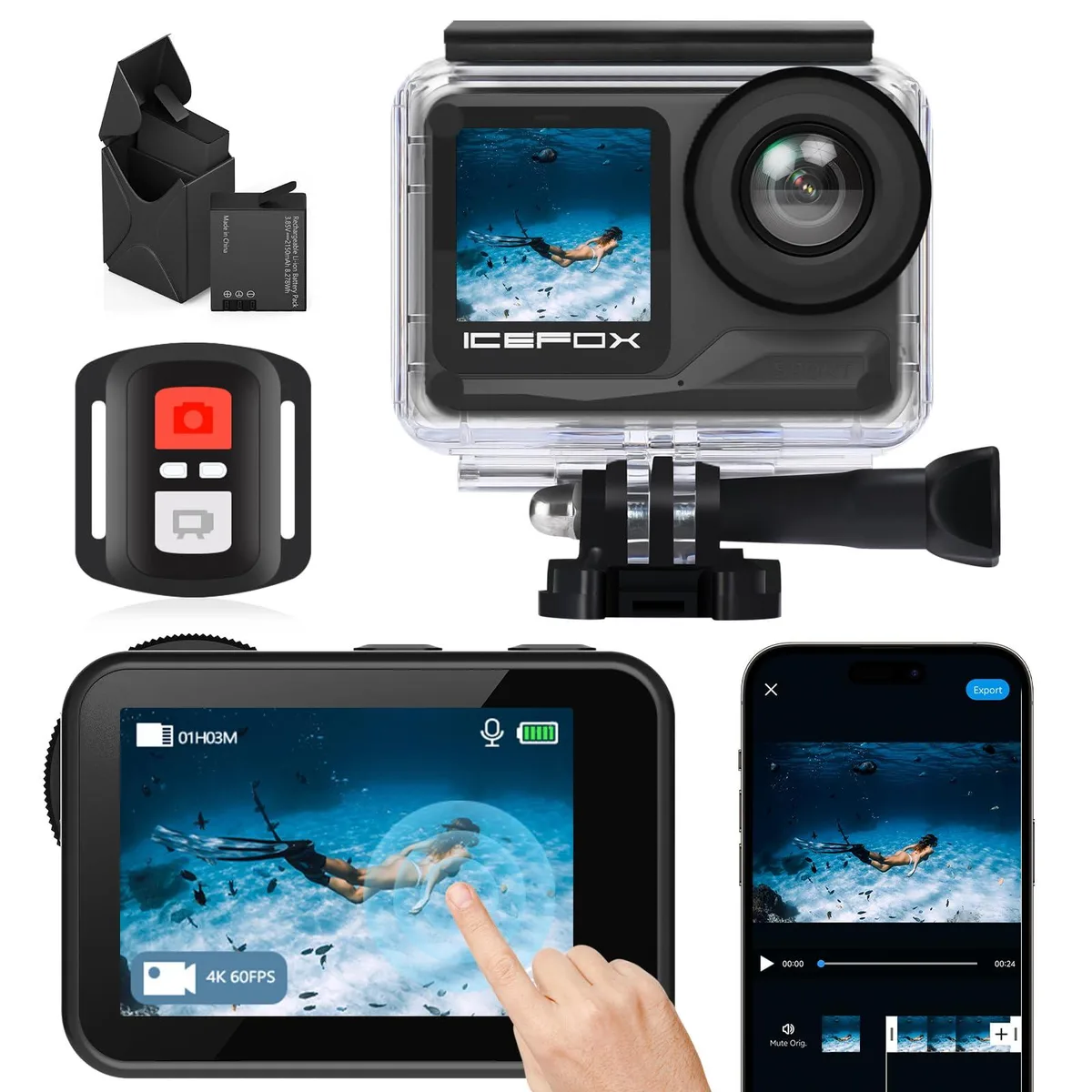 icefox i7 Action Camera 4K 60FPS 20MP 2x 2150mAh AQ — product photo