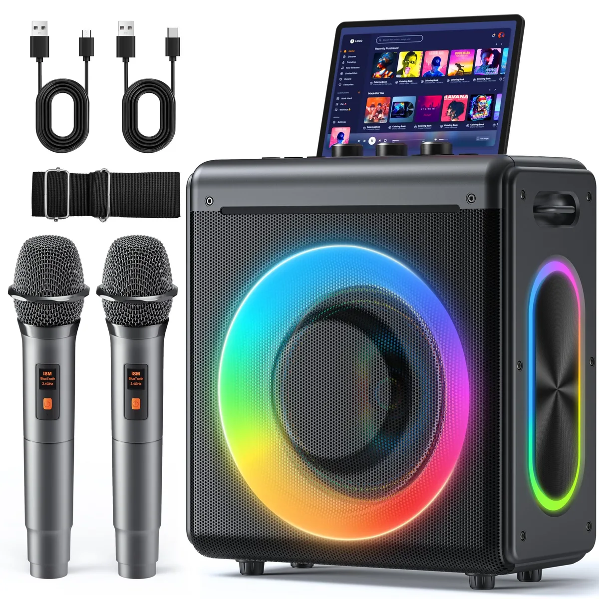 Portable karaoke speaker with tablet slot, three wireless mics and LED lights