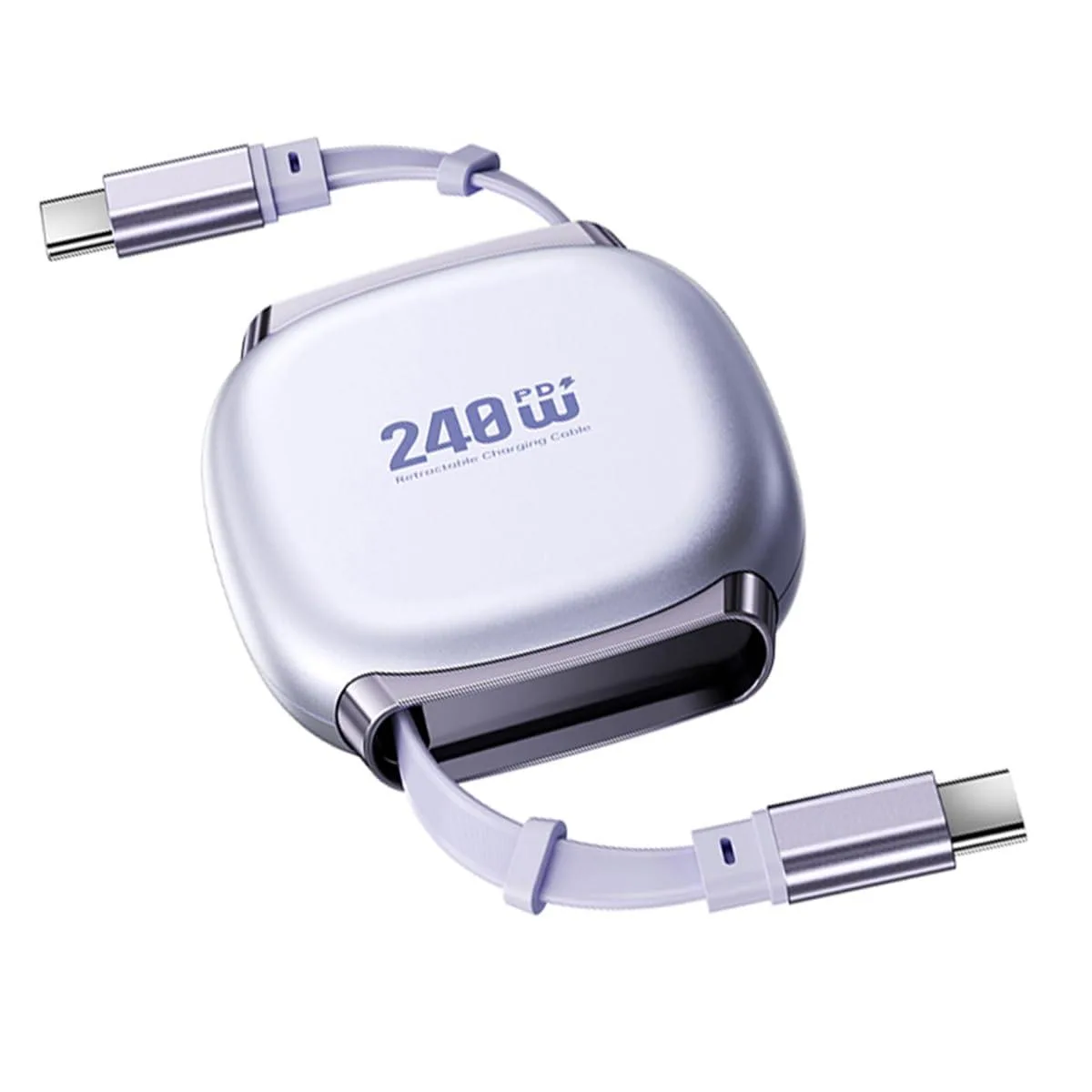 Purple coiled USB-C to USB-C cable, retractable to 100 cm, flat soft finish